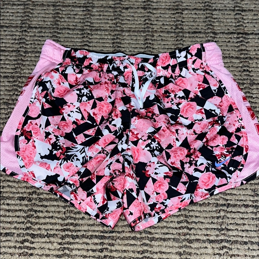 Nike Pink and Black Athletic Shorts with Floral Design